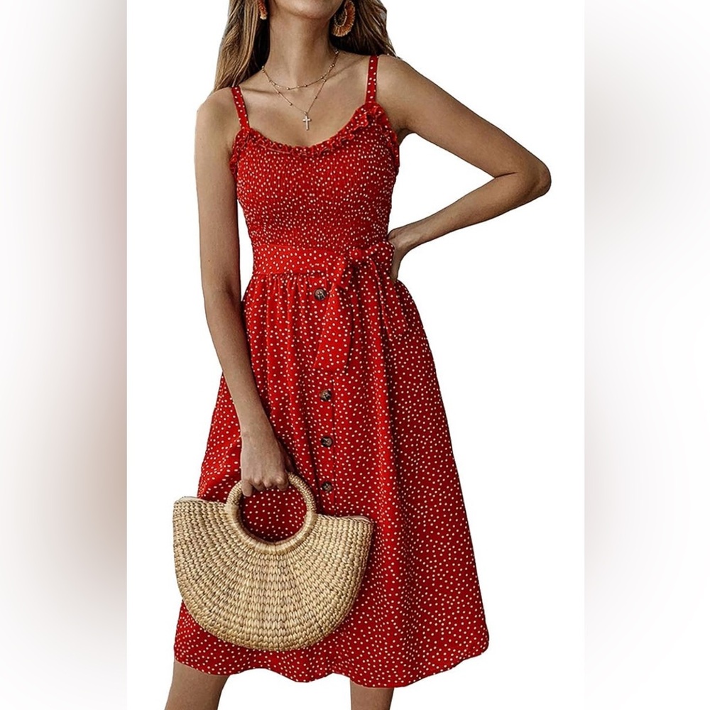 Red Polka Dot Button-Down Dress with Pockets and Tie